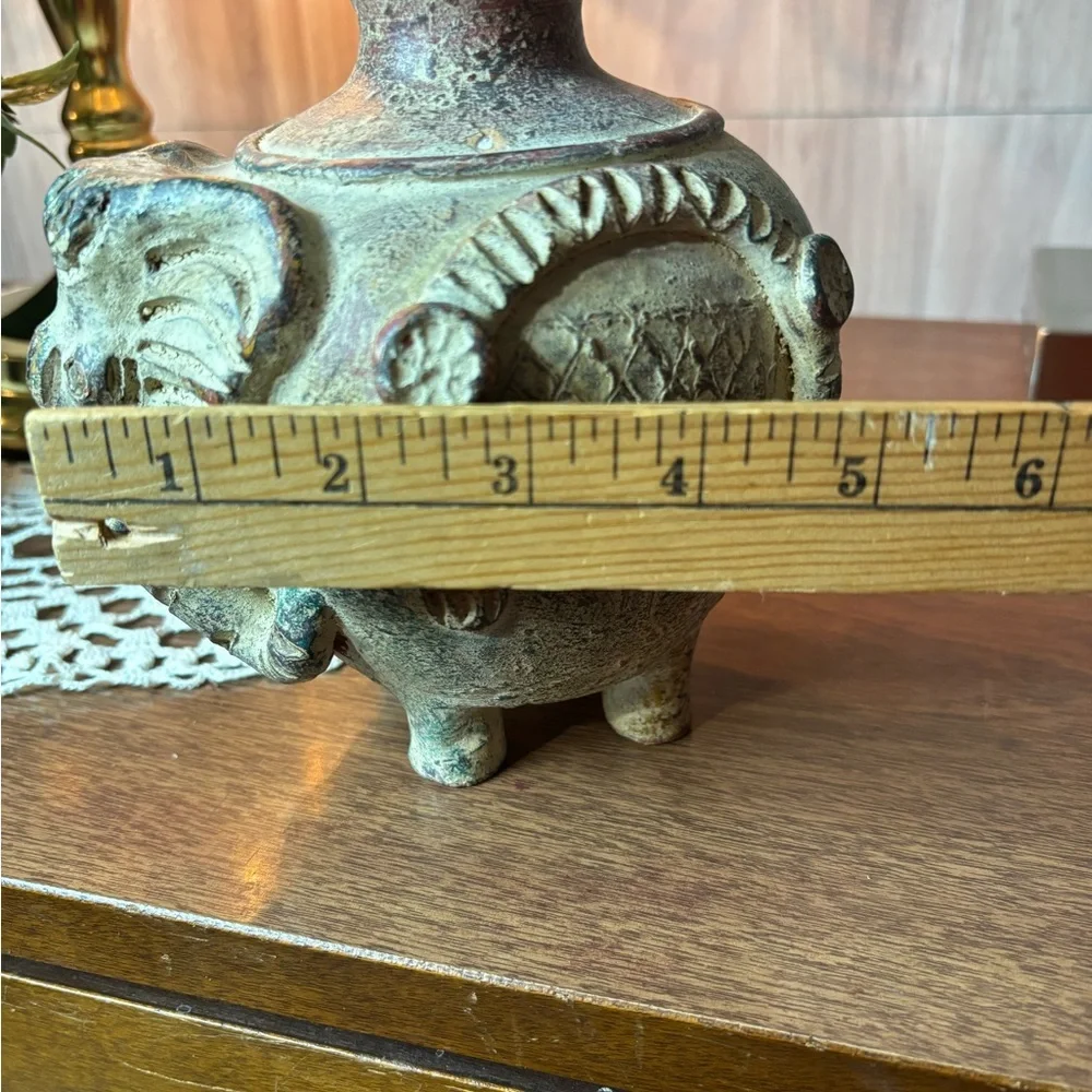 Vintage Thai Earthenware Elephant Vase in Distressed Green and Brown Terracotta